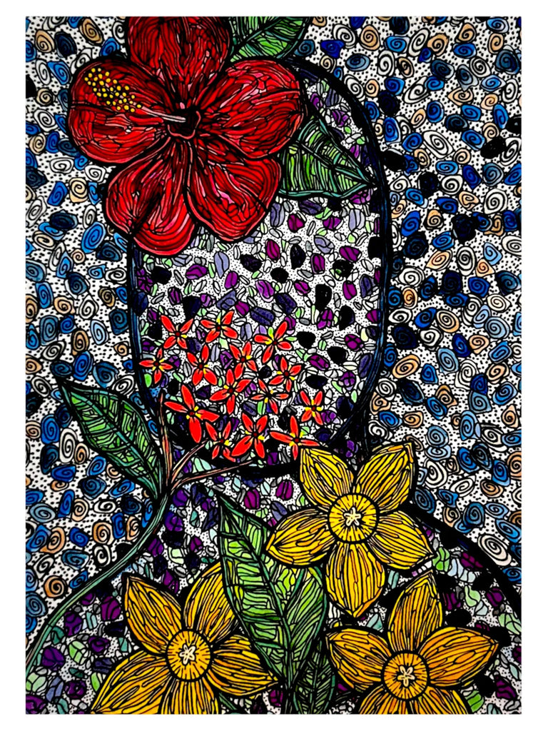 SUSANA CACHO - 5"x7" Art Print - Mujer Amapola, Cruz de Malta y Daffodil