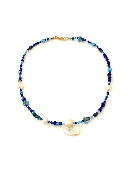 HC DESIGNS- Blue Seedbead and Pearl Layering Necklace- Med Length