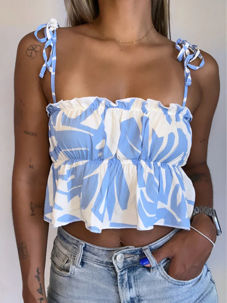 OMA DESIGNS -Blue Spaghetti Straps Crop Top