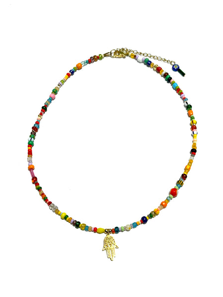 HC DESIGNS- Multicolored Seedbeads Hamsa Charm Necklace