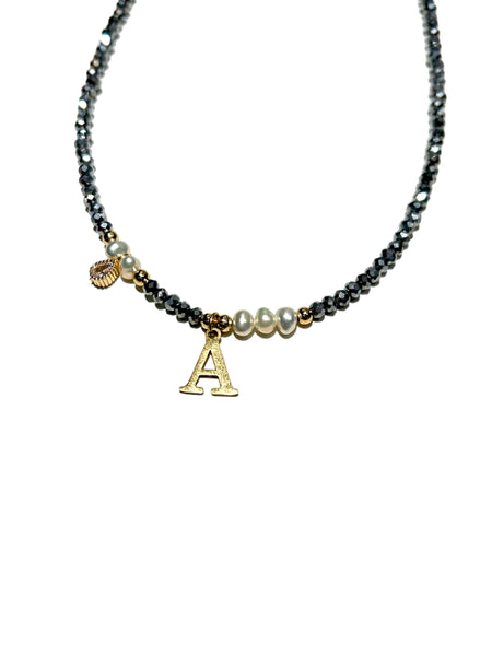 HC DESIGNS- Silver Crystal Necklace with Pearls and Initials