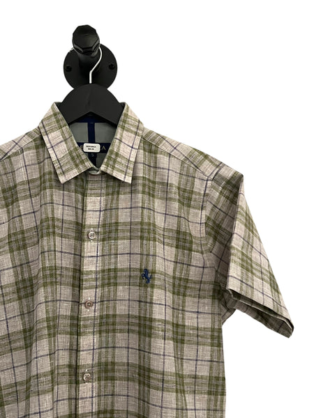 BORONEA- Olive Green Plaid Short Sleeve- Small