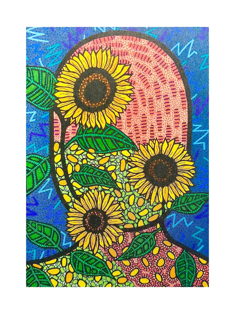 SUSANA CACHO - 4" x 6" Greeting Card - Mujer Girasoles y Hojas Retro