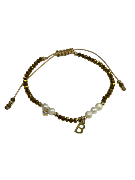 E-HC DESIGNS- Gold Mini Crystal Pearl Adjustable Bracelet With Initial