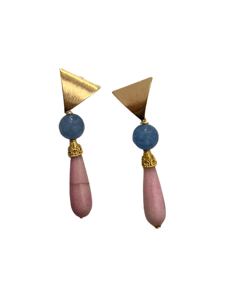 HC DESIGNS- Agate Triangle Drop Earrings - Blue, Pink