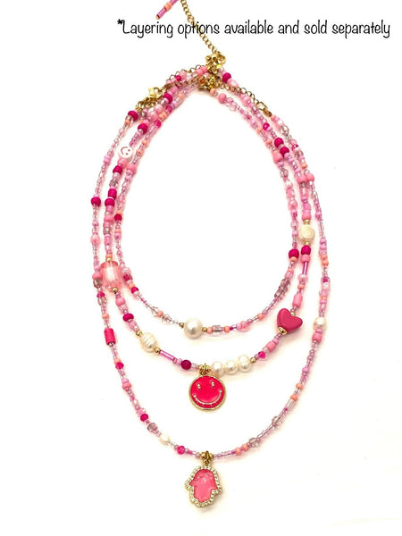 HC DESIGNS- Pink Seedbead Hamsa Layering Necklace- Med Length