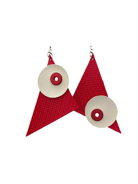 INÉDITO- Big Earrings- Triangle and Circle Earrings (Textured Red & Pale Gray)
