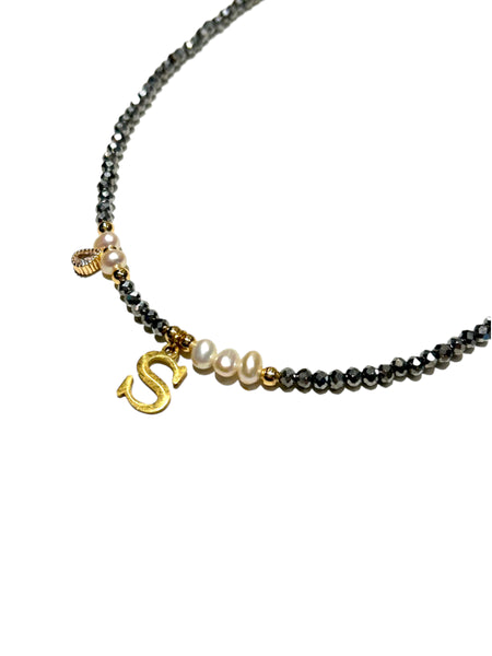 HC DESIGNS- Silver Crystal Necklace with Pearls and Initials