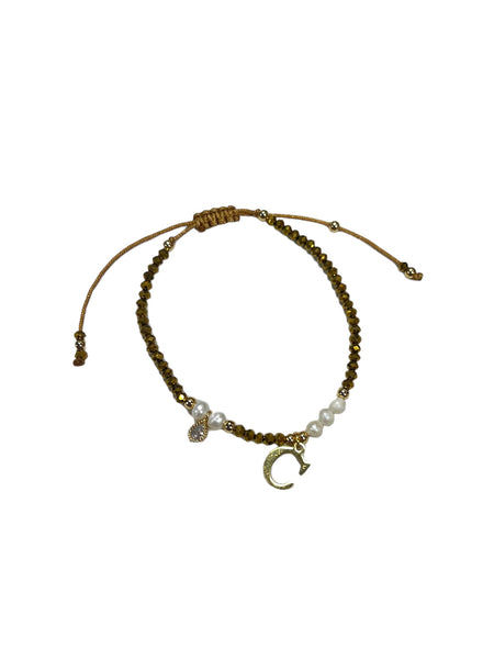 E-HC DESIGNS- Gold Mini Crystal Pearl Adjustable Bracelet With Initial