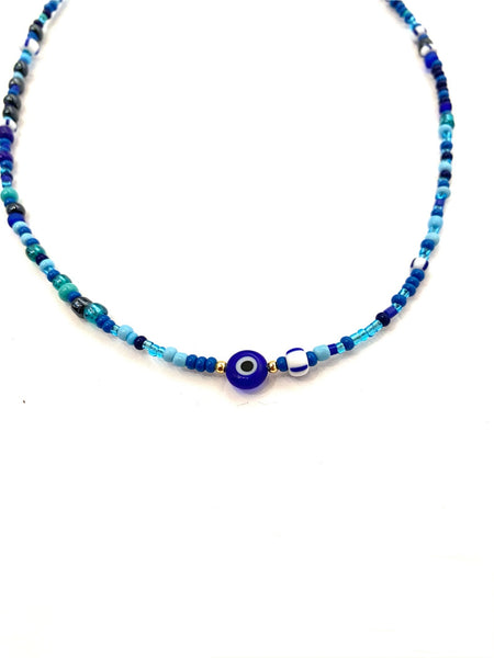 HC DESIGNS- Blue Seedbead Layering Necklace- Med Length