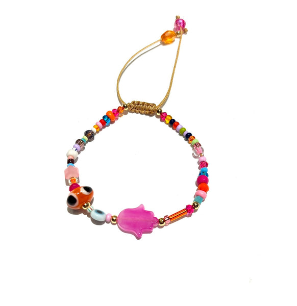 E-HC DESIGNS- Hamsa Hand Seedbeads Adjustable Bracelet w/ Evil Eye