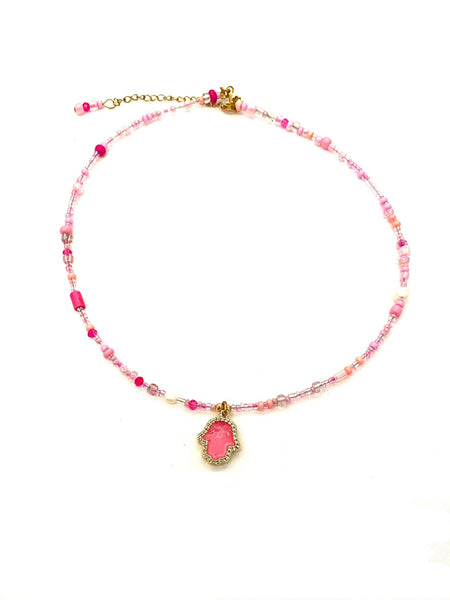 HC DESIGNS- Pink Seedbead Hamsa Layering Necklace- Med Length