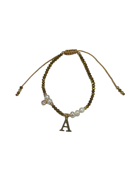 E-HC DESIGNS- Gold Mini Crystal Pearl Adjustable Bracelet With Initial