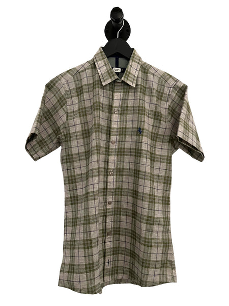 BORONEA- Olive Green Plaid Short Sleeve- Small