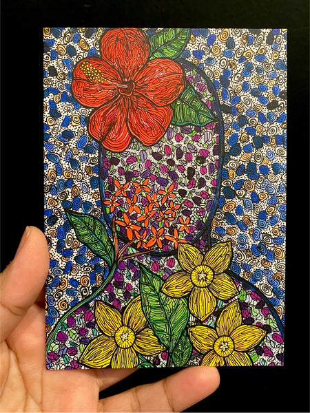 SUSANA CACHO - 4" x 6" Greeting Card - Mujer Amapolas, Cruz Malta y Narciso