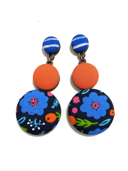 BOTÓN DE AZÚCAR- BIG EARRINGS- BLUE FLOWERS AND ORANGE