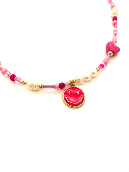 HC DESIGNS- Pink Seedbead Smiley Layering Necklace- Med Length