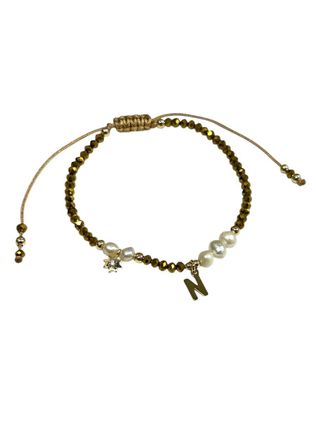 E-HC DESIGNS- Gold Mini Crystal Pearl Adjustable Bracelet With Initial