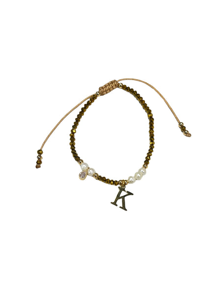 E-HC DESIGNS- Gold Mini Crystal Pearl Adjustable Bracelet With Initial