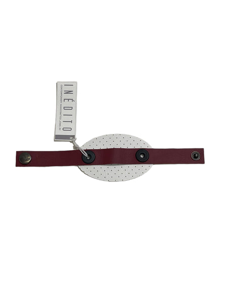 INÉDITO- Bracelets- Oval Perforated White and Cranberry Red Strap (Black Eyelets) (7.5")