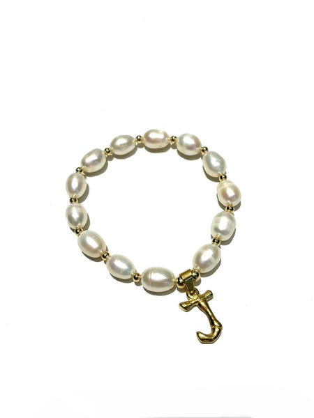 E-HC DESIGNS- Letter Initial Pearl-Gold Elastic Bracelet