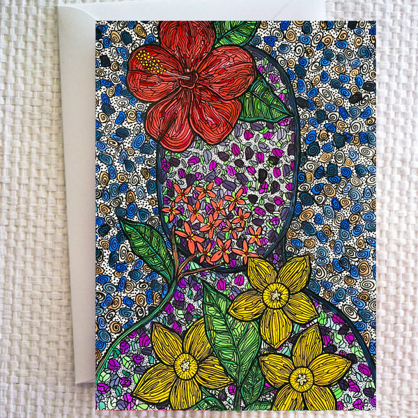SUSANA CACHO - 4" x 6" Greeting Card - Mujer Amapolas, Cruz Malta y Narciso