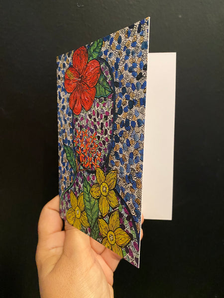 SUSANA CACHO - 4" x 6" Greeting Card - Mujer Amapolas, Cruz Malta y Narciso