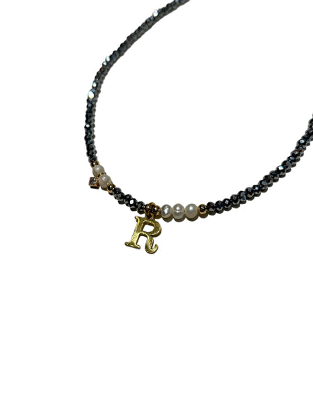 HC DESIGNS- Silver Crystal Necklace with Pearls and Initials