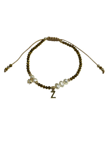 E-HC DESIGNS- Gold Mini Crystal Pearl Adjustable Bracelet With Initial