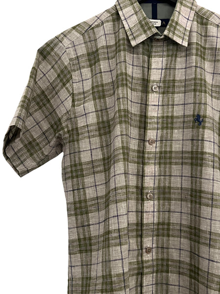 BORONEA- Olive Green Plaid Short Sleeve- Small