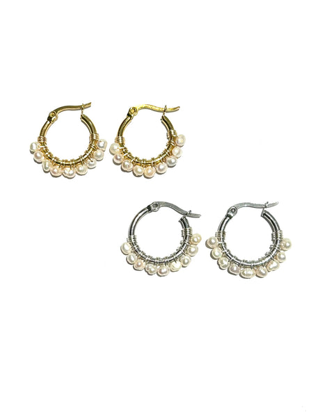 HC DESIGNS - Mini Pearl Round Hoops 1 Inch (Silver or Gold)