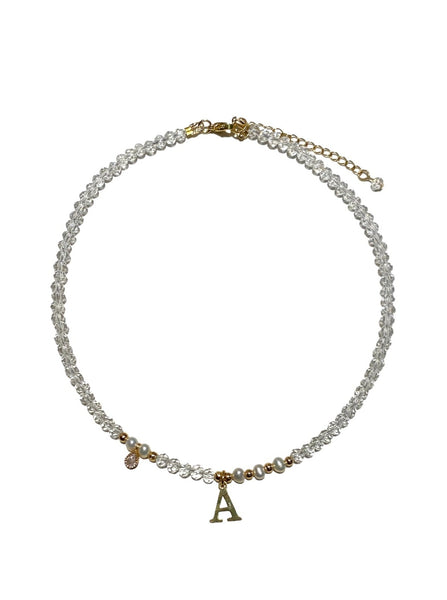 HC DESIGNS- Clear Crystal Necklace with Pearls and Initials