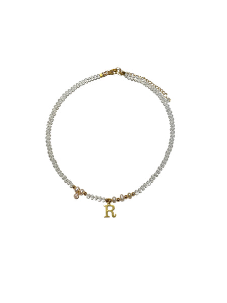 HC DESIGNS- Clear Crystal Necklace with Pearls and Initials