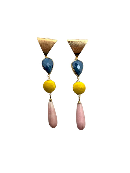 HC DESIGNS- Agate Triangle Drop Earrings - Blue,Yellow,Pink