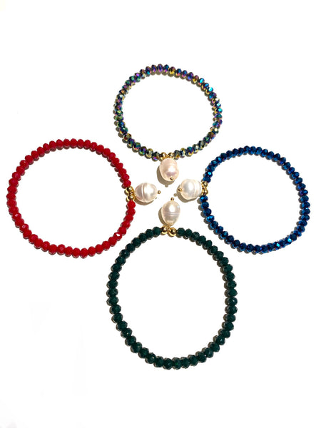 E-HC DESIGNS- Pearl Pendant with Crystals Elastic Bracelets (More colors available)