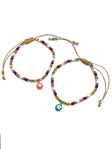 E-HC DESIGNS- Evil Eye Pendant and Colorful Seedbeads Adjustable Bracelet