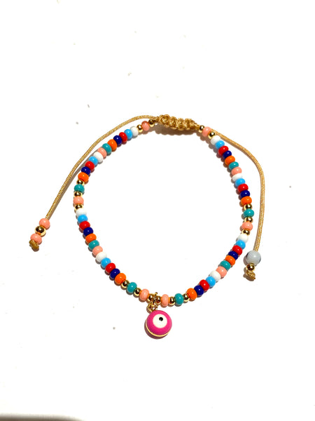 E-HC DESIGNS- Evil Eye Pendant and Colorful Seedbeads Adjustable Bracelet