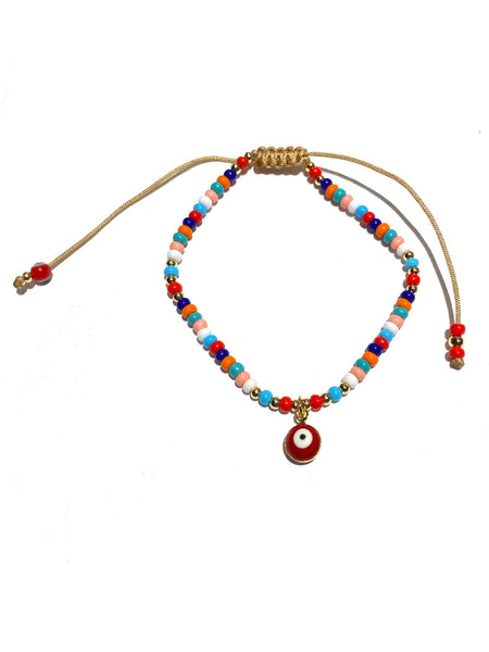 E-HC DESIGNS- Evil Eye Pendant and Colorful Seedbeads Adjustable Bracelet