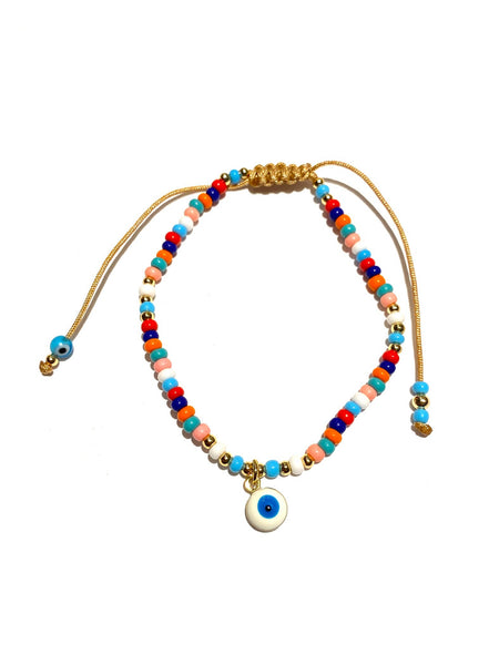 E-HC DESIGNS- Evil Eye Pendant and Colorful Seedbeads Adjustable Bracelet