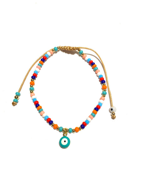 E-HC DESIGNS- Evil Eye Pendant and Colorful Seedbeads Adjustable Bracelet