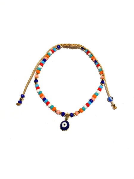 E-HC DESIGNS- Evil Eye Pendant and Colorful Seedbeads Adjustable Bracelet