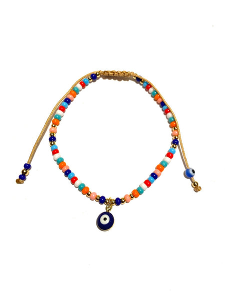 E-HC DESIGNS- Evil Eye Pendant and Colorful Seedbeads Adjustable Bracelet