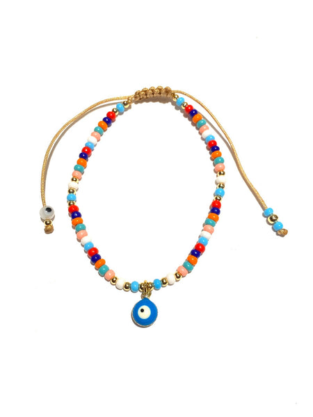 E-HC DESIGNS- Evil Eye Pendant and Colorful Seedbeads Adjustable Bracelet