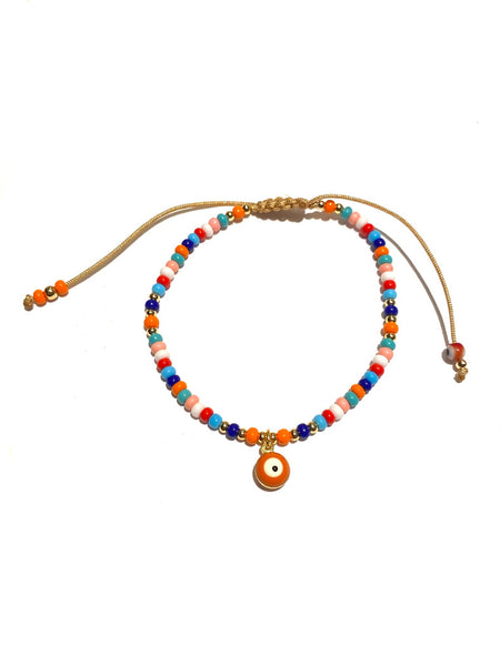 E-HC DESIGNS- Evil Eye Pendant and Colorful Seedbeads Adjustable Bracelet