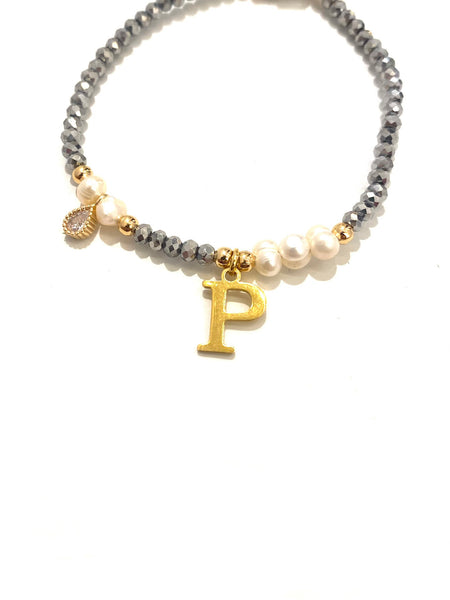 E-HC DESIGNS- Mini Crystal Pearl Bracelet With Initial
