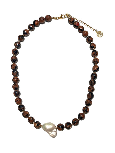 HC DESIGNS- Obsidian Mahogany and Barroque Pearl Short Necklace