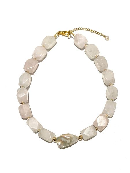 HC DESIGNS- Rose Quartz with Barroque Pearl Bold Short Necklace