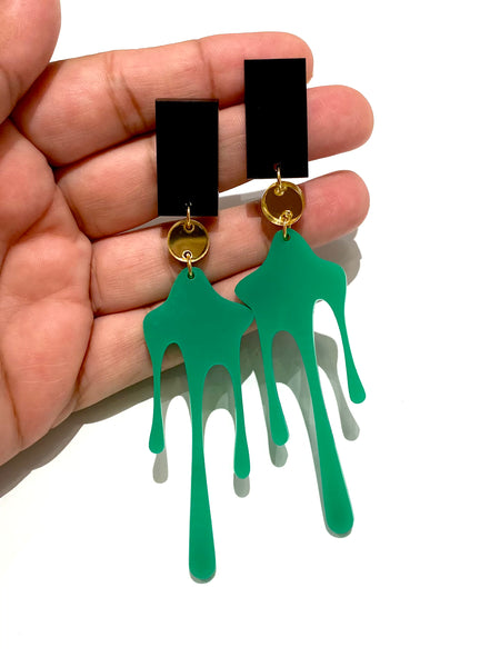 HC DESIGNS- Long Splash Acrylic Green-Black-Gold Earrings