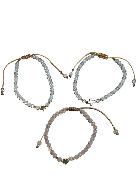 E- HC DESIGNS- Flower / Heart - Opal/ Rose Quartz Adjustable Bracelet
