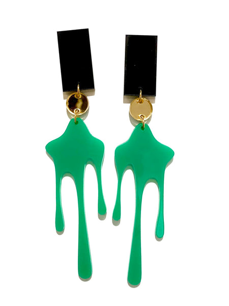 HC DESIGNS- Long Splash Acrylic Green-Black-Gold Earrings